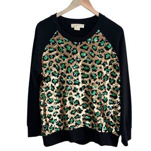 Michael Michael Kors Sequin Gold and Green Leopard Print Black Sweatshirt 0X